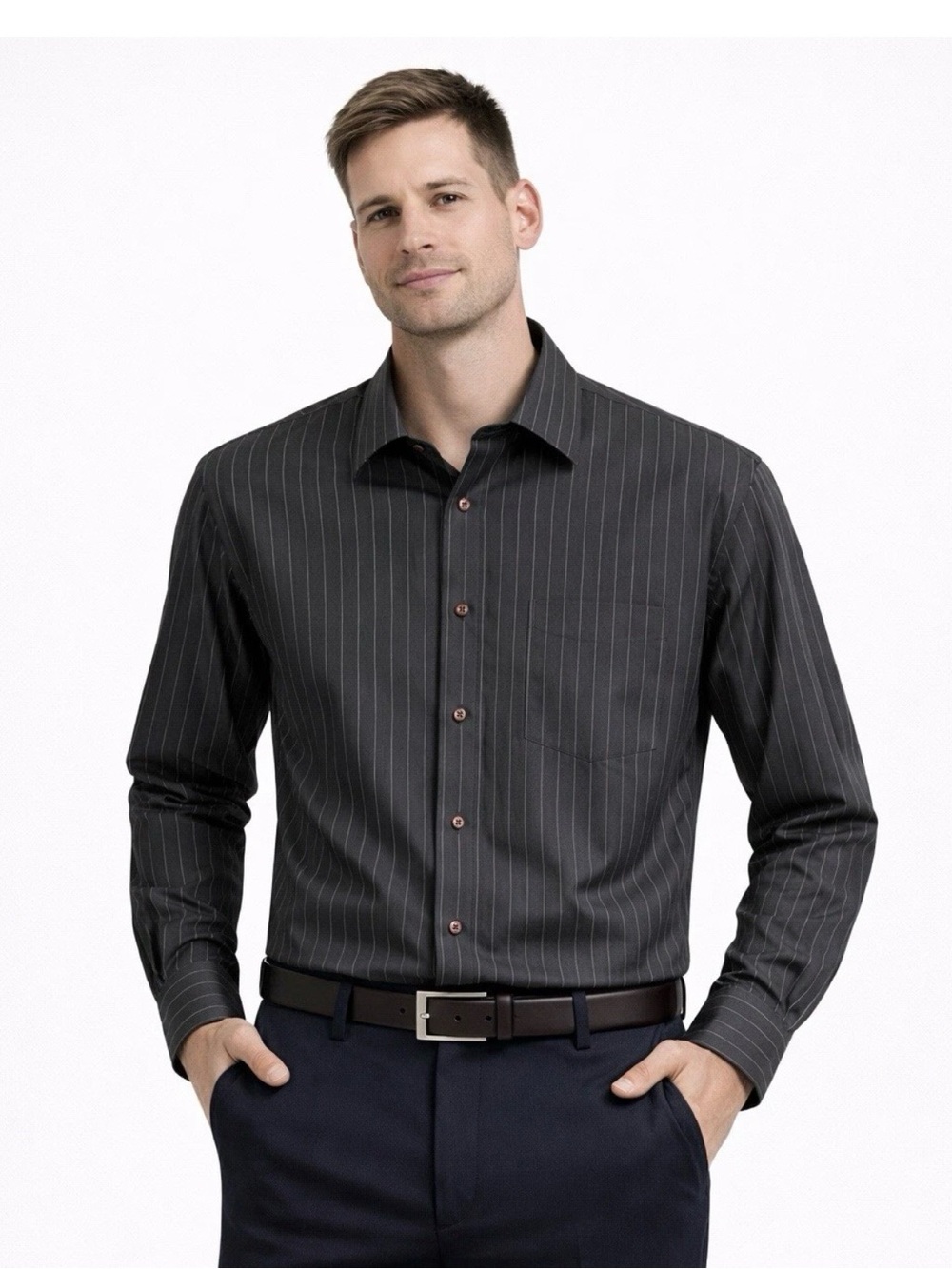 Cassel XL Gray Pinstripe Button Down Shirt Men Long Sleeve Cotton Blend Korea